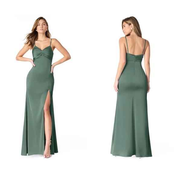 NWT AZAZIE LINIA Eucalyptus Green Mermaid Pleated Stretch Satin Dress Sz A12 - Picture 1 of 14